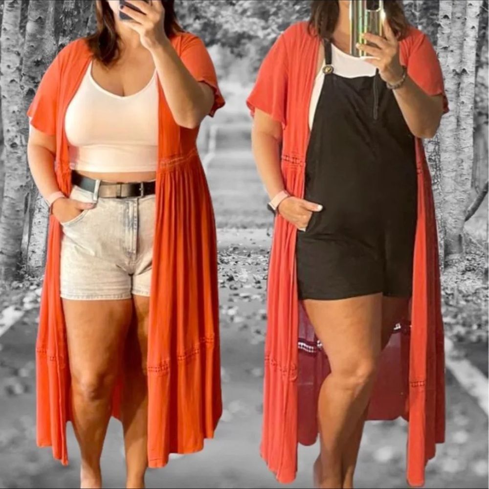TORRID ORANGE GAUZE CROCHET DUSTER KIMONO Size 2 2XL 18/20 & 0 Large 12 NWT - Picture 5 of 12